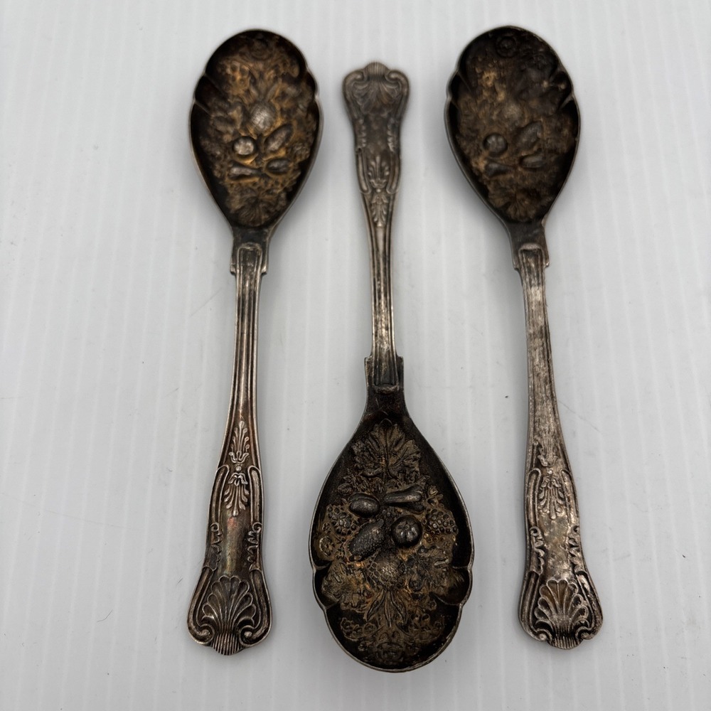 Vintage K&M Sheffield England 6" Spoon w/ Embossed Fruit Design Lot Of 3